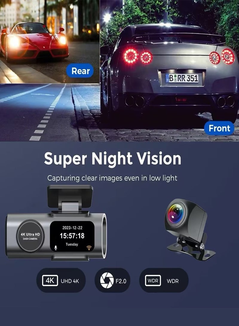 Dash Cam, Front and Rear Dash Cam, Car Camera, Super Night Vision Car Camera, Front Camera 4K, Rear Camera 1080p HD with 64GB Memory card - Image 3